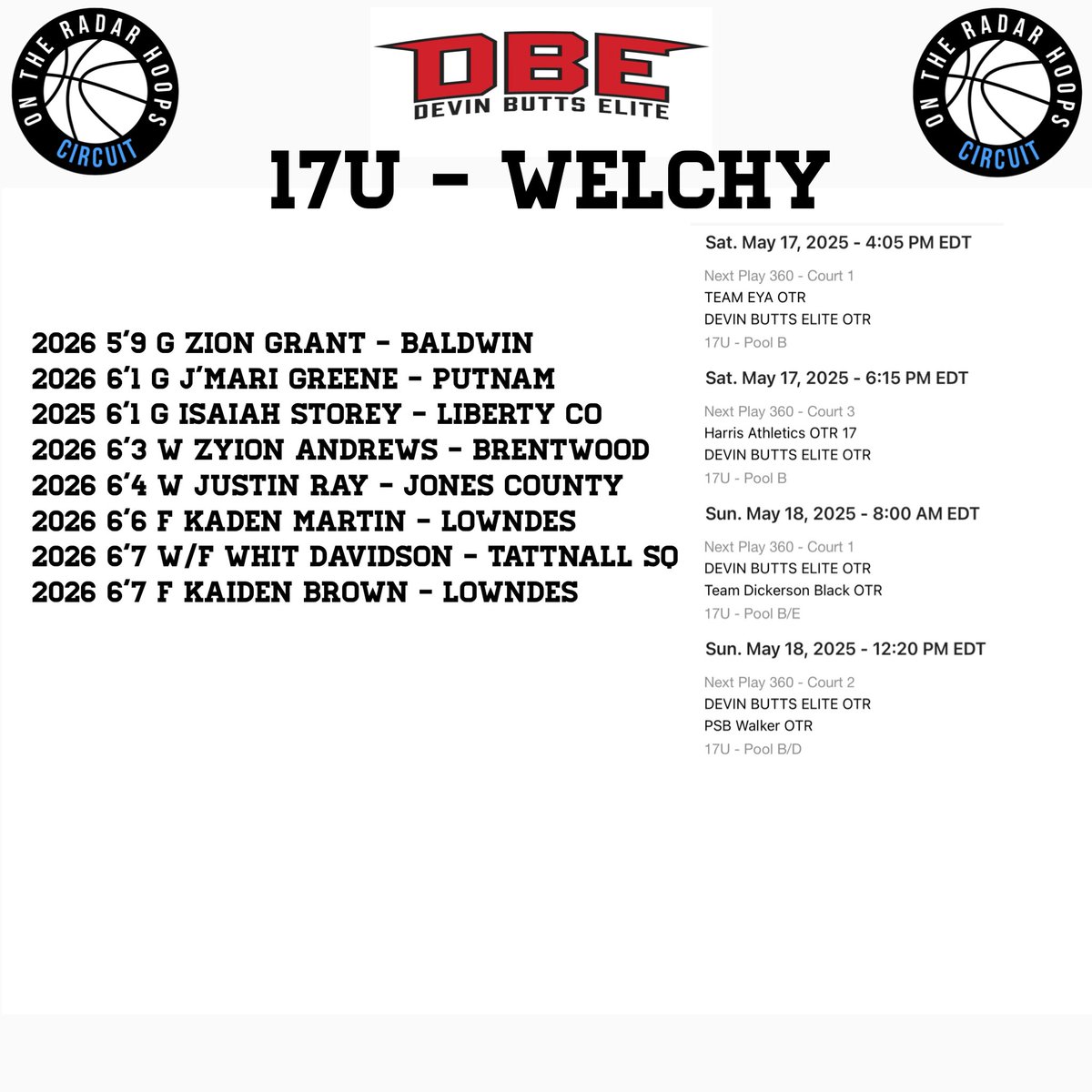 Devin Butts Elite (@dbe2025) on Twitter photo 17u Roster/Schedule for this weekends live period!!
<a href="/TaiYoungHoops/">Tai Young</a> <a href="/OntheRadarHoops/">Shun Williams</a> <a href="/DrKrisWatkins/">Dr. Kris Watkins</a> <a href="/Proven_Prospect/">Proven Prospects</a> @DTUnFilUnCen247 <a href="/RossVDG14/">Ross Van De Griek</a> 17u Roster/Schedule for this weekends live period!!
<a href="/TaiYoungHoops/">Tai Young</a> <a href="/OntheRadarHoops/">Shun Williams</a> <a href="/DrKrisWatkins/">Dr. Kris Watkins</a> <a href="/Proven_Prospect/">Proven Prospects</a> @DTUnFilUnCen247 <a href="/RossVDG14/">Ross Van De Griek</a>