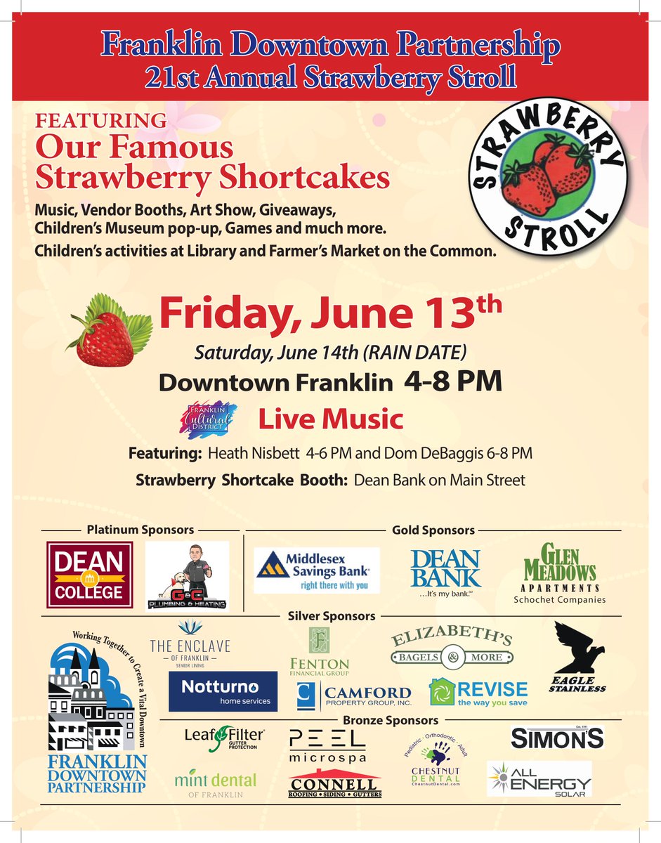 Save the date!
The Franklin Downtown Partnership is hosting the 21st Annual Strawberry Stroll! Check out this flyer for more details.