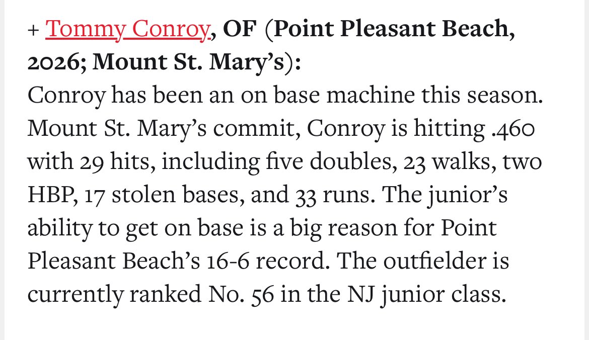 Tommy Conroy (@tommyconroy0) on Twitter photo Thank you <a href="/PrepBaseballNJ/">Prep Baseball New Jersey</a> for having me in the top 10 New Jersey outfield performers for this season! Still more to come Thank you <a href="/PrepBaseballNJ/">Prep Baseball New Jersey</a> for having me in the top 10 New Jersey outfield performers for this season! Still more to come