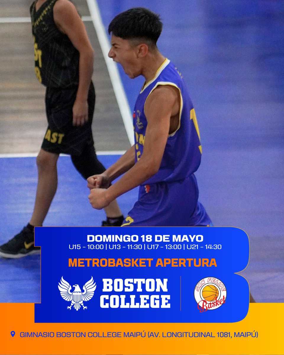 🏀 La Rama Masculina de las #Águilas 🦅 tiene un nuevo desafío en el horizonte válido por el Torneo de Apertura de #ArbamMetrobasket 🏆. ¡Éxito, chicos! 💪🏼

🆚 San Felipe Basket
📅 Domingo 18 de mayo desde las 10:00 horas
📍 Gimnasio Boston College Maipú

#VamosBoston 🔵🟡