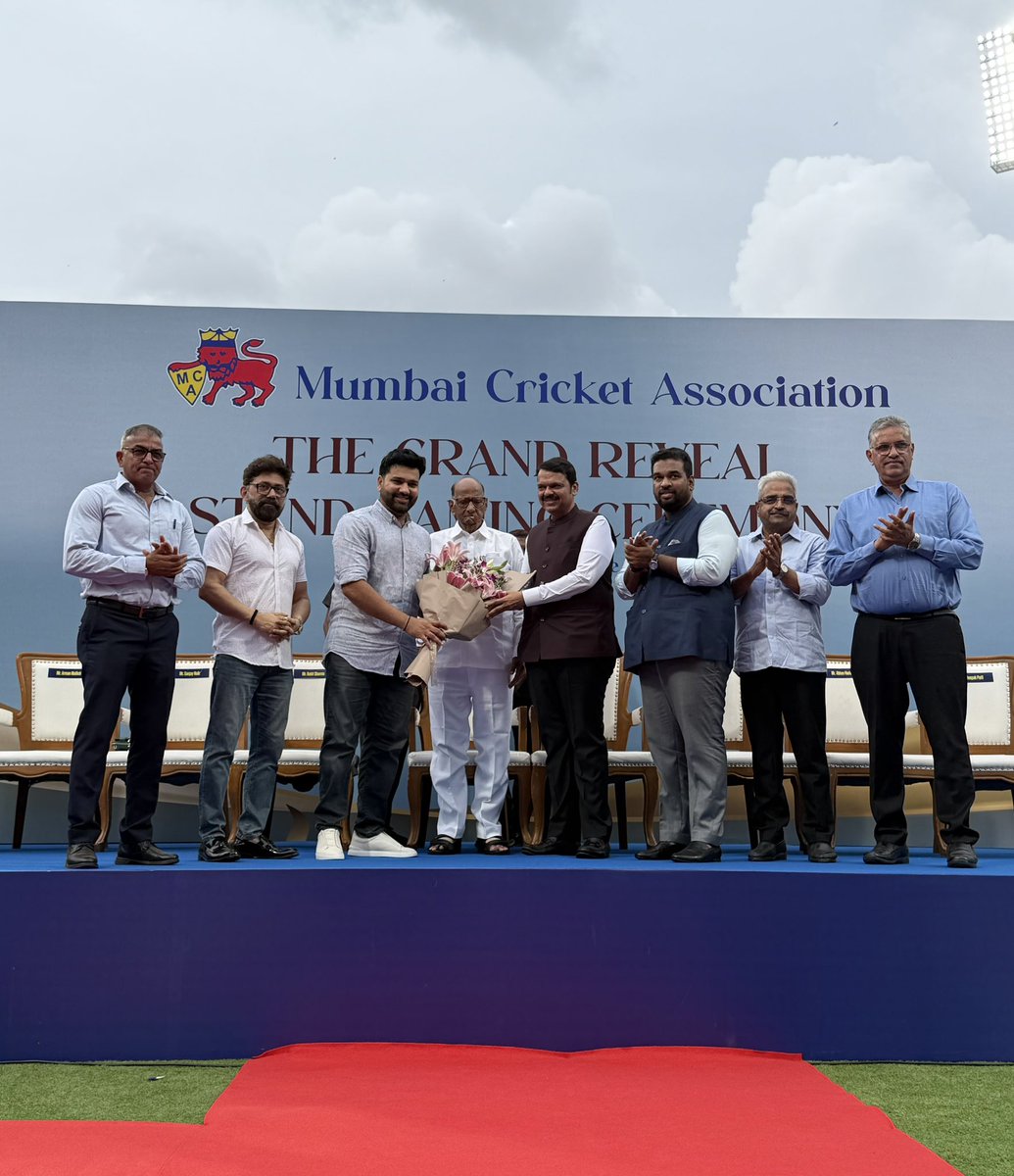 MumbaiCricAssoc's tweet photo. A proud moment as Rohit Sharma was felicitated by Hon. Chief Minister of Maharashtra Shri. Devendra Fadnavis & Shri. Sharad Pawar at the MCA Stand Naming Ceremony 🙌🏽

Joined by MCA President Mr. Ajinkya Naik, Vice President Mr. Sanjay Naik, Secretary Mr. Abhay Hadap, Jt Secretary Mr. Deepak Patil, and Treasurer Mr. Armaan Mallick — a fitting tribute to a true icon of Mumbai cricket 🏏

#RohitSharma #MCA #Wankhede #Mumbai #Cricket #BCCI