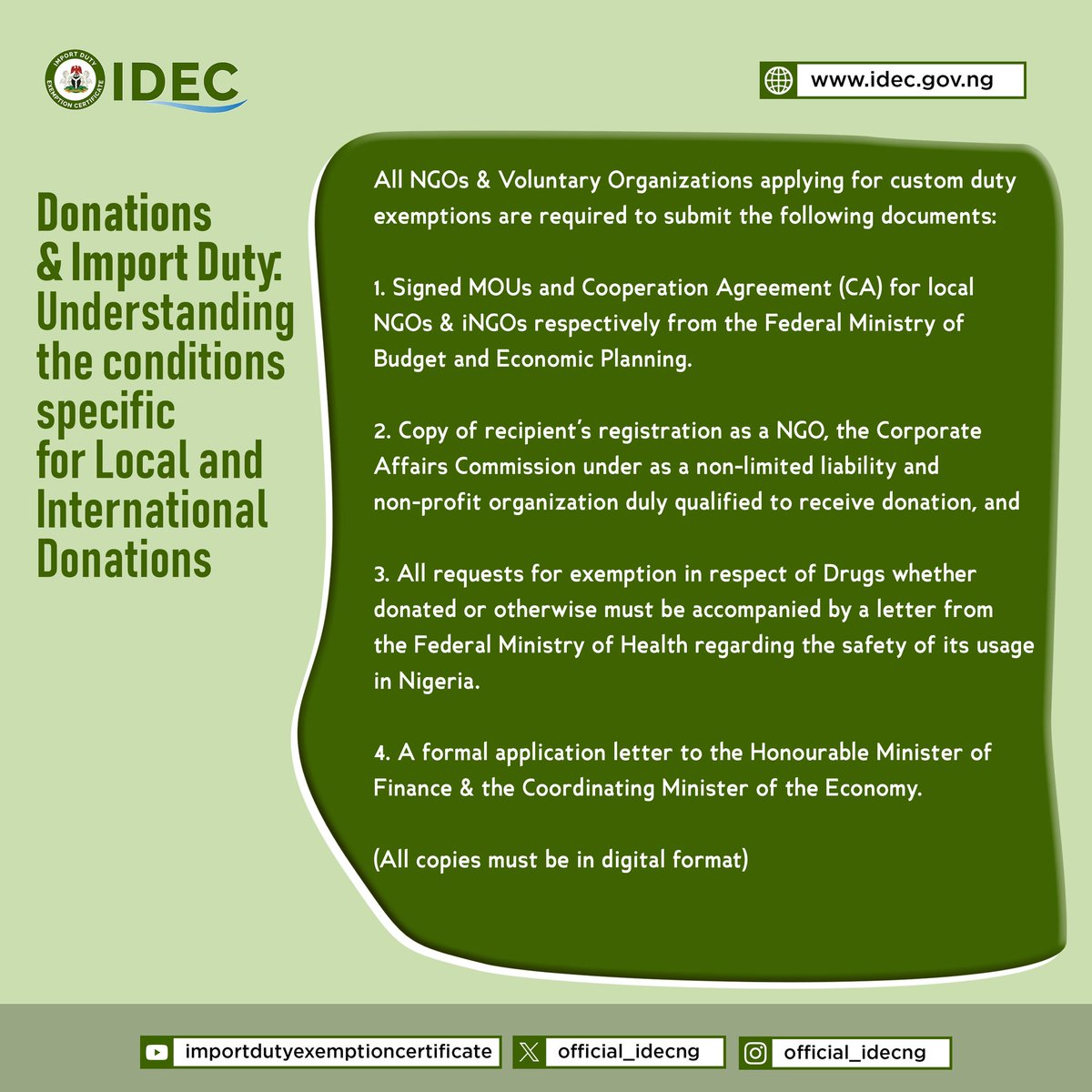 OFFICIAL_IDECNG's tweet photo. Donations &amp; Import Duty:
Key requirements for processing local and international donations through NGOs.

The conditions above outline the necessary steps for NGOs seeking import duty exemptions.

 visit: https://t.co/Yufxkp3qFE
#NGONigeria #HumanitarianAid https://t.co/tLnRSS1YKw