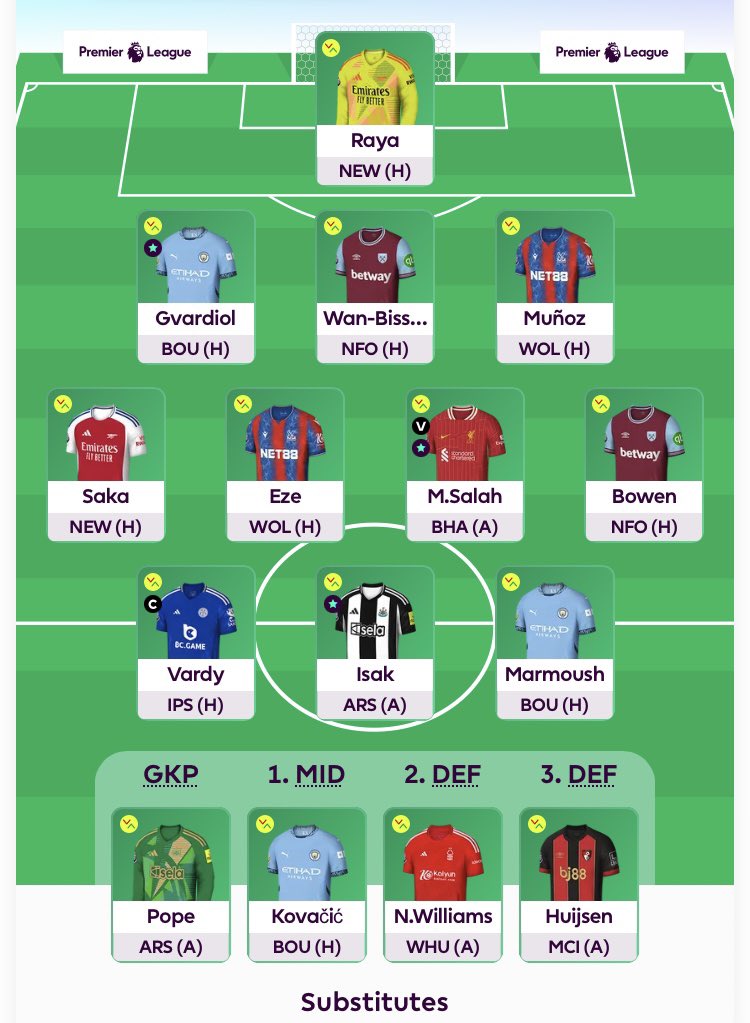CrashFpl's tweet photo. #GW37

No transfers. Trusting in Marmoush and Saka.

Only ever gonna be 1 option for 🧢. Getting the vodka and charlie in as I type. Happy Friday all and good luck!

#FPL #FPLCommunity https://t.co/TXWj4EY5Hx