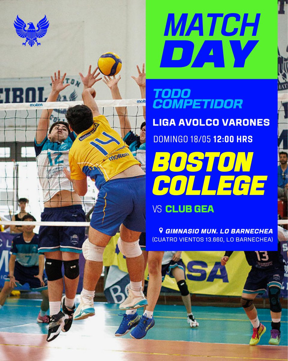 🏐 El equipo masculino Todo Competidor de las #Águilas 🦅 se medirá en un duelo que promete por la Liga de la Asociación de Vóleibol Las Condes🏆. ¡Adelante muchachos! 💪🏼

🆚 Club Gea
📅 Domingo 18 de mayo, 12:00 hrs
📍 Gimnasio Muni. Lo Barnechea

#SomosBoston 🔵🟡