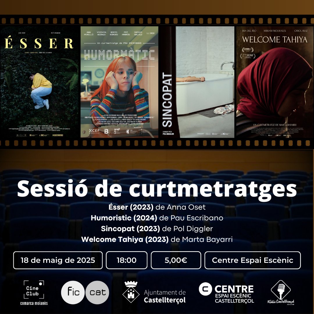 🎬 Sessió de curtmetratges
📅 18 de maig de 2025 | ⏰ 18:00 h | 💸 4,50 €
📍 Centre Espai Escènic, Castellterçol