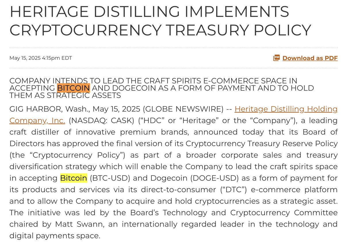 BitcoinMagazine's tweet photo. NEW: 🇺🇸 Publicly traded company Heritage Distilling now accepts #Bitcoin payments and will hold BTC as a treasury reserve asset 💥 https://t.co/DwiUcYY8A8