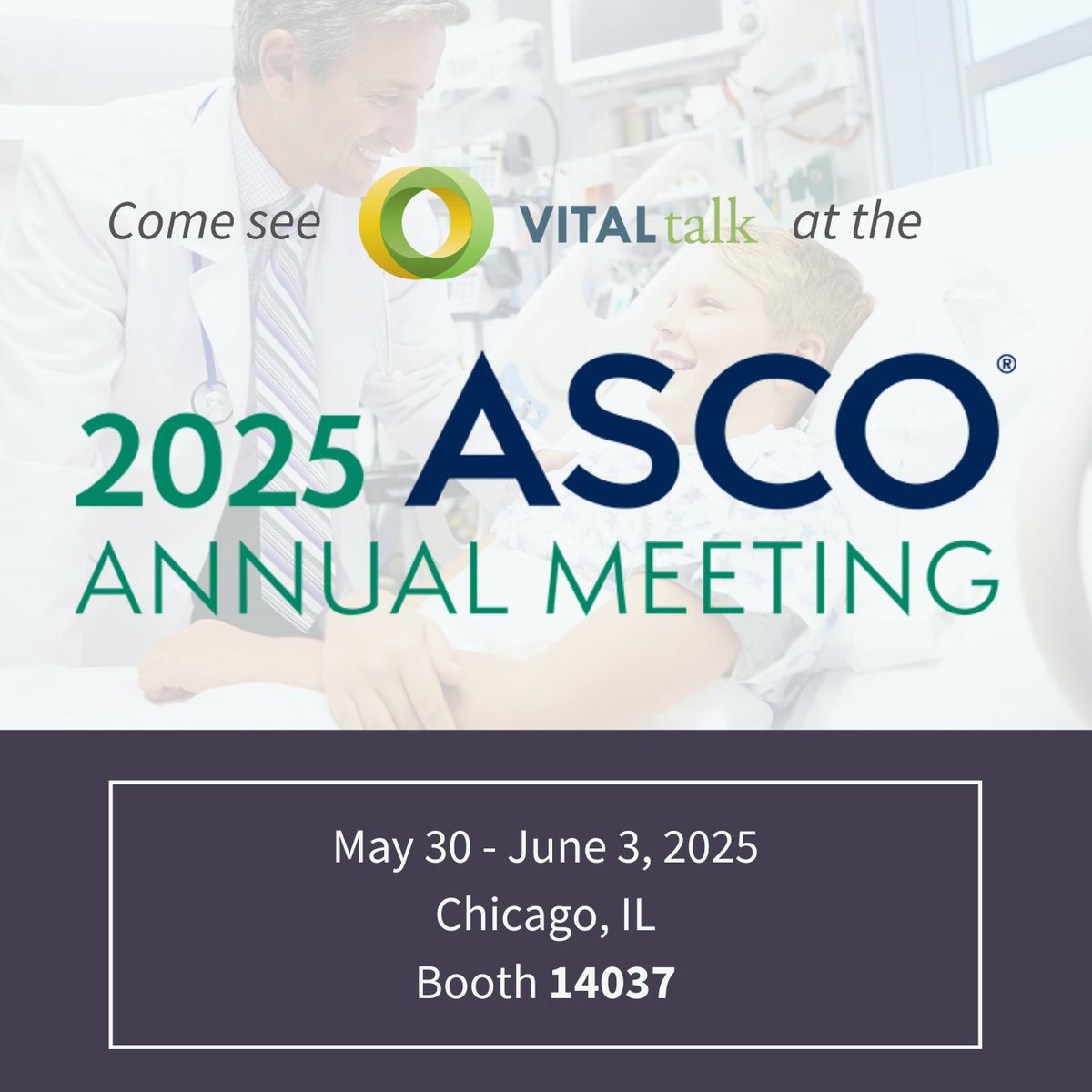 We’re counting down to #ASCO25 — and we’re excited to share that you can find VitalTalk at Booth 14037!
Stop by to connect with our team, explore new programs, and discover how we’re supporting meaningful conversations in cancer care.
See you in Chicago!
