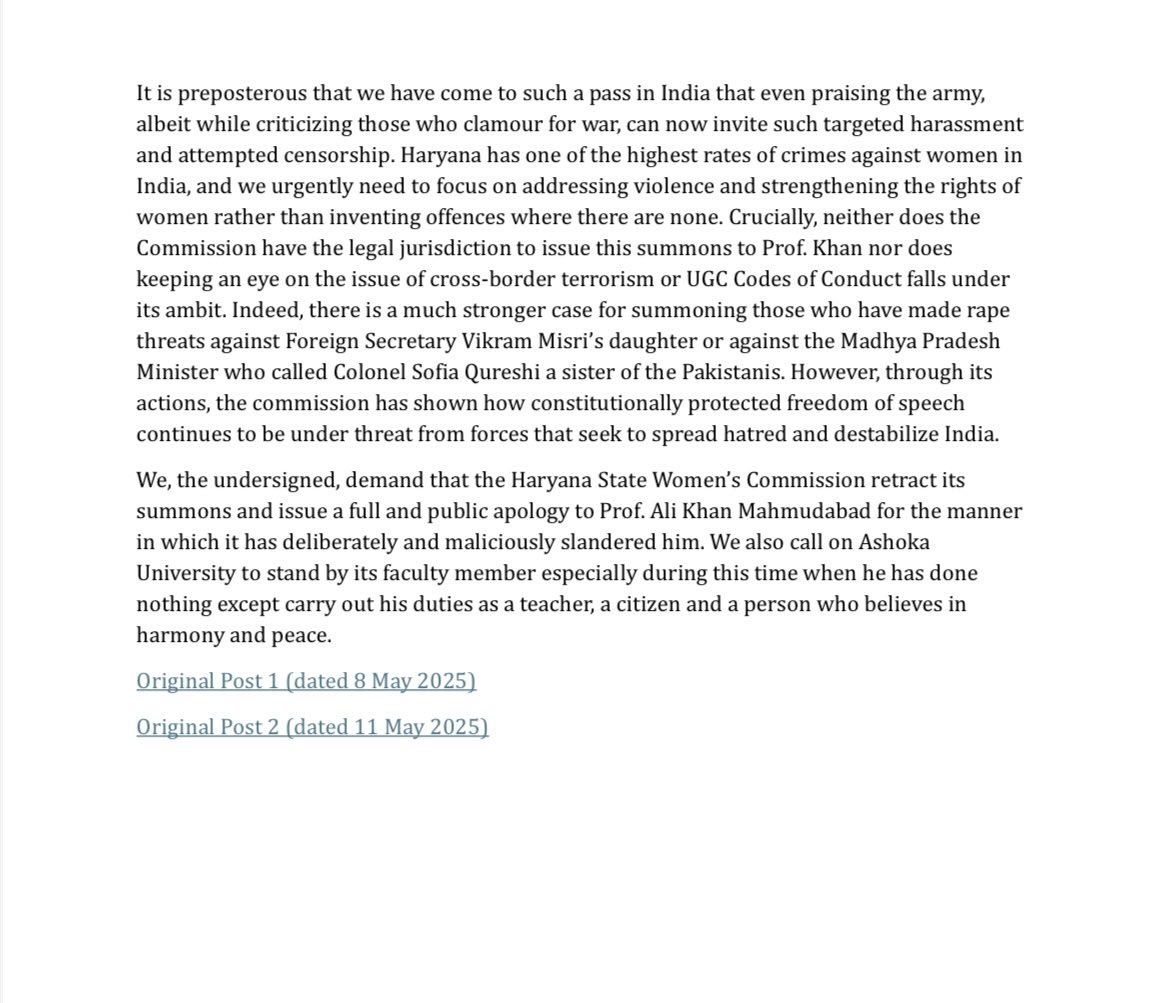 Mahtab महताब مہتاب (@mahtabnama) on Twitter photo Letter in support of Prof. Ali Khan Mahmudabad (<a href="/Mahmudabad/">Ali Khan Mahmudabad</a> ).The letter is endorsed/signed by more than 1200 academicians, writers, journalists, activists, artists and other concerned citizens. Letter in support of Prof. Ali Khan Mahmudabad (<a href="/Mahmudabad/">Ali Khan Mahmudabad</a> ).The letter is endorsed/signed by more than 1200 academicians, writers, journalists, activists, artists and other concerned citizens.