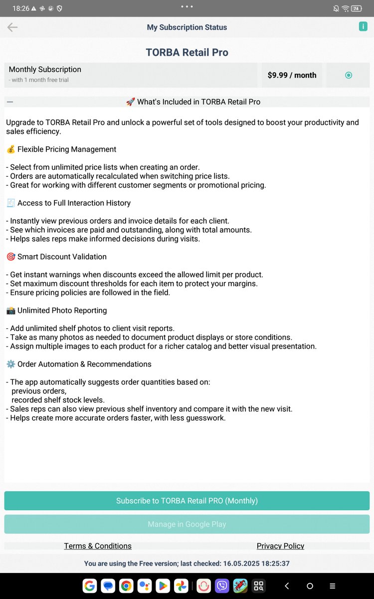 TorbaLab's tweet image. 🚀 New in TORBA Retail version 1.1.16: You can now subscribe to the extended TORBA Retail Pro features!
Find it in Main Menu =&amp;gt; My Subscription 💼📲 #TORBARetail #Productivity #RetailTools