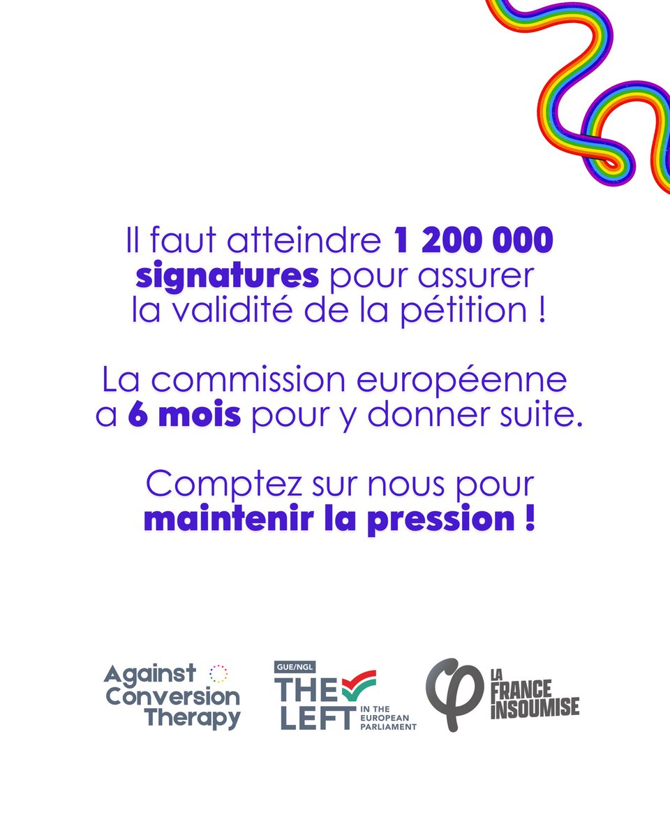 MERCI à vous pour votre mobilisation qui nous a permis d’atteindre le million de signatures contre les thérapies de conversion ! ✊🫶

Continuez à signer et partager la pétition en lien juste ici eci.ec.europa.eu/043/public/ pour assurer les 1 200 000 signatures !