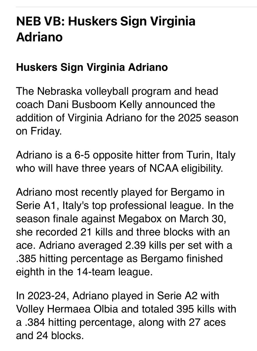 mitchsherman's tweet photo. We’re gonna need a talent comparison between Megabox and Penn State.

This is an aggressive move by DBK. Adriano is an elite and experienced international-level attacker, joining a squad with four returning All-Americans and an already dynamic class of newcomers. 

Instantly curious if the Huskers are weighing a two-setter offense. It would allow for two opposites, which was seemingly a position with strong options before the Adriano add.