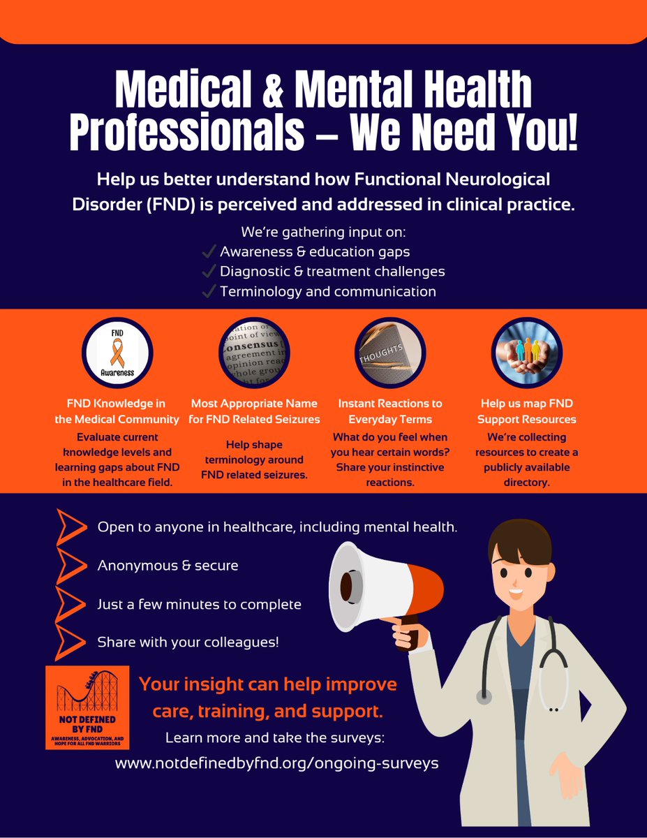 Medical &amp; Mental Health Pros — We Need You!
Help us improve FND care by taking a short, anonymous survey. Your insights will guide better training, resources &amp; awareness

Take the survey: notdefinedbyfnd.org/ongoing-surveys

#FNDawareness #MedicalSurvey #MentalHealthMatters #NotDefinedByFND