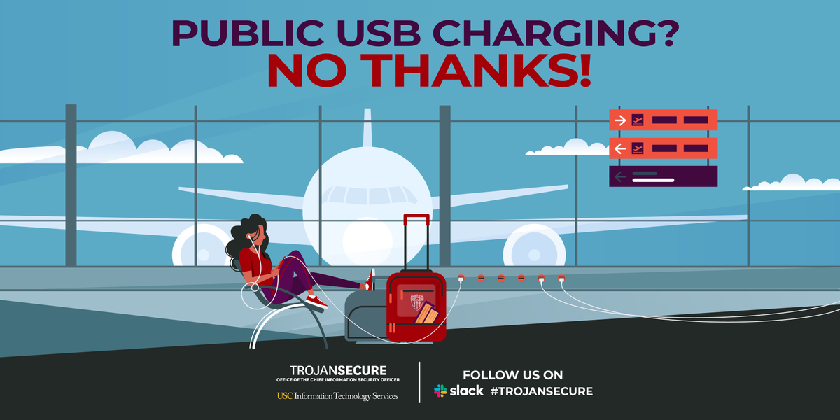 USCITServices's tweet image. Phone battery low? ⚠️ Avoid public USB charging stations (airports, hotels, malls). You could fall victim to "juice jacking" — a cyber-theft tactic where malware steals your data or passwords. Use your own charger or a power-only cable. #traveltips #usbcharger #usb