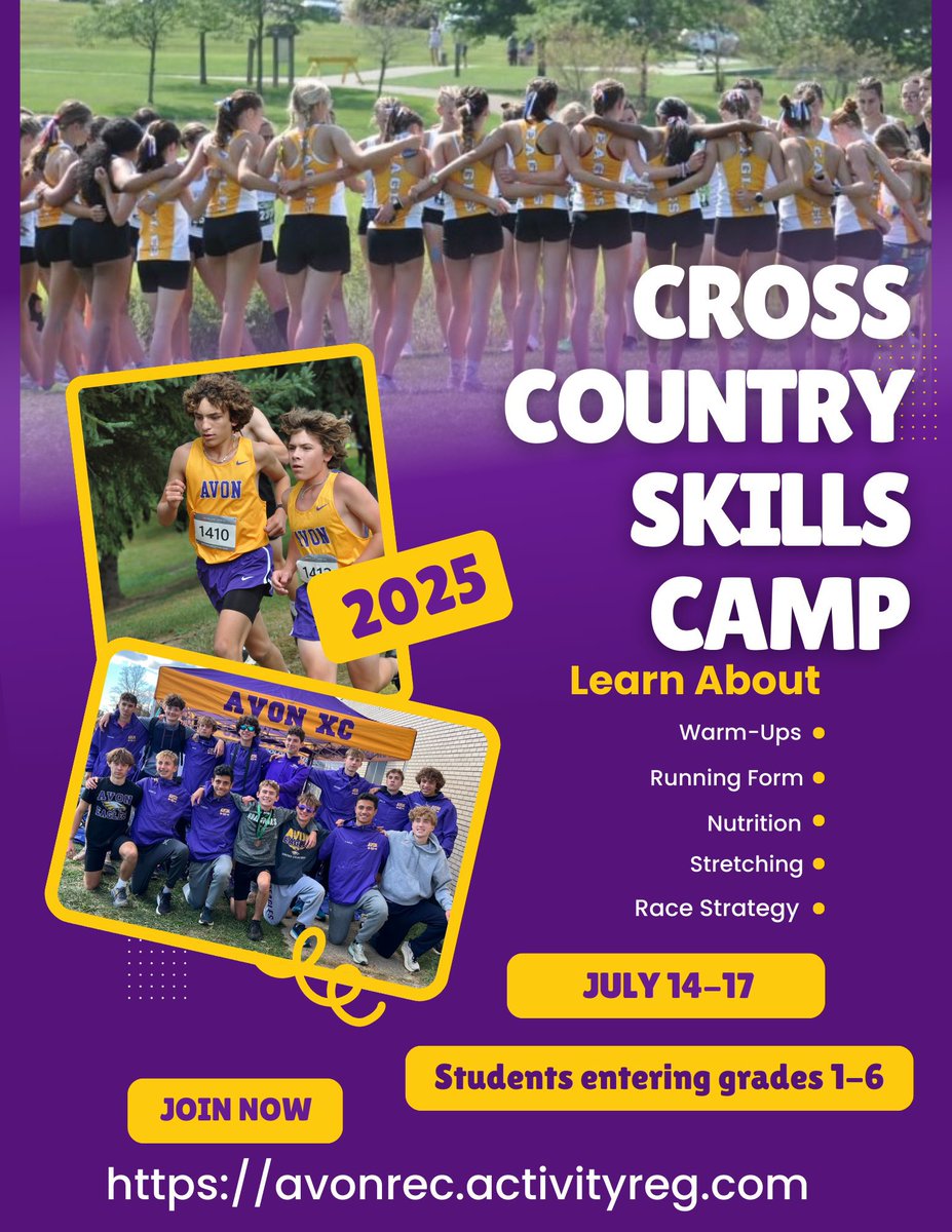 Justin2Coach's tweet photo. 🚨AHS Cross Country Youth Camp
🗓️July 14th-17th
📍Schwartz Park
⏰9:30-11am 

🔗https://t.co/RQBM1rOY8t

🦅🏃💜💛🏃‍♀️🦅
@avoneagles @AvonLocalSch @AvonEagleShop https://t.co/GrnrvnZKfH