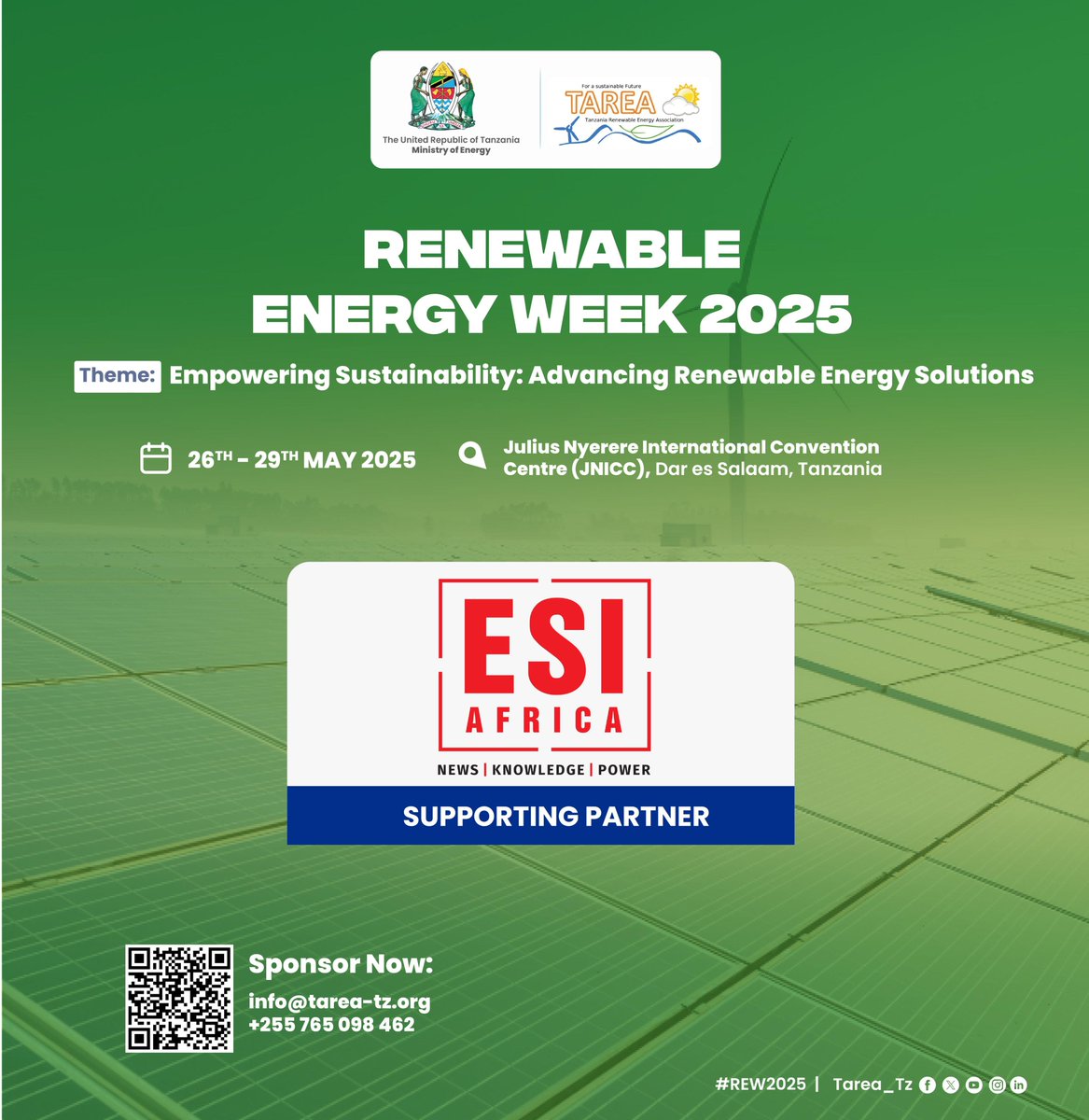 TAREA is proud to announce <a href="/ESIAfrica/">ESI Africa</a> as official Supporting Partner for the upcoming Renewable Energy Week, taking place on the 28th-29th May 2025 at JNICC in Dar Es Salaam
lnkd.in/eREiPzPV
The opportunity to showcase your brand &amp;contribute to renewable energy revolution