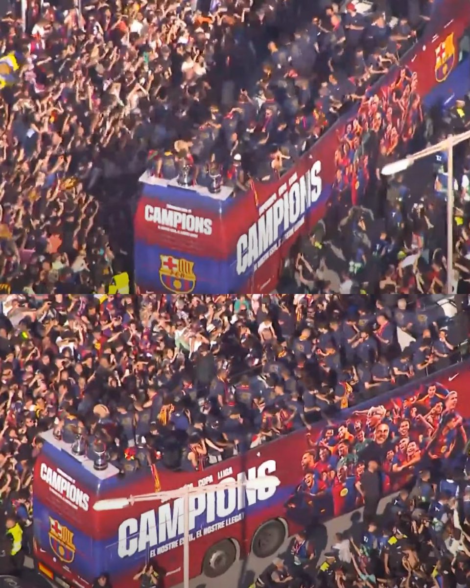 InvictosSomos's tweet photo. Y un día, el FC Barcelona volvió a tener muchos motivos para celebrar con su afición. La rúa de los campeones. La celebración del Barça de Hansi Flick tras conquistar El Triplete Doméstico. LA FIESTA ES CULÉ.