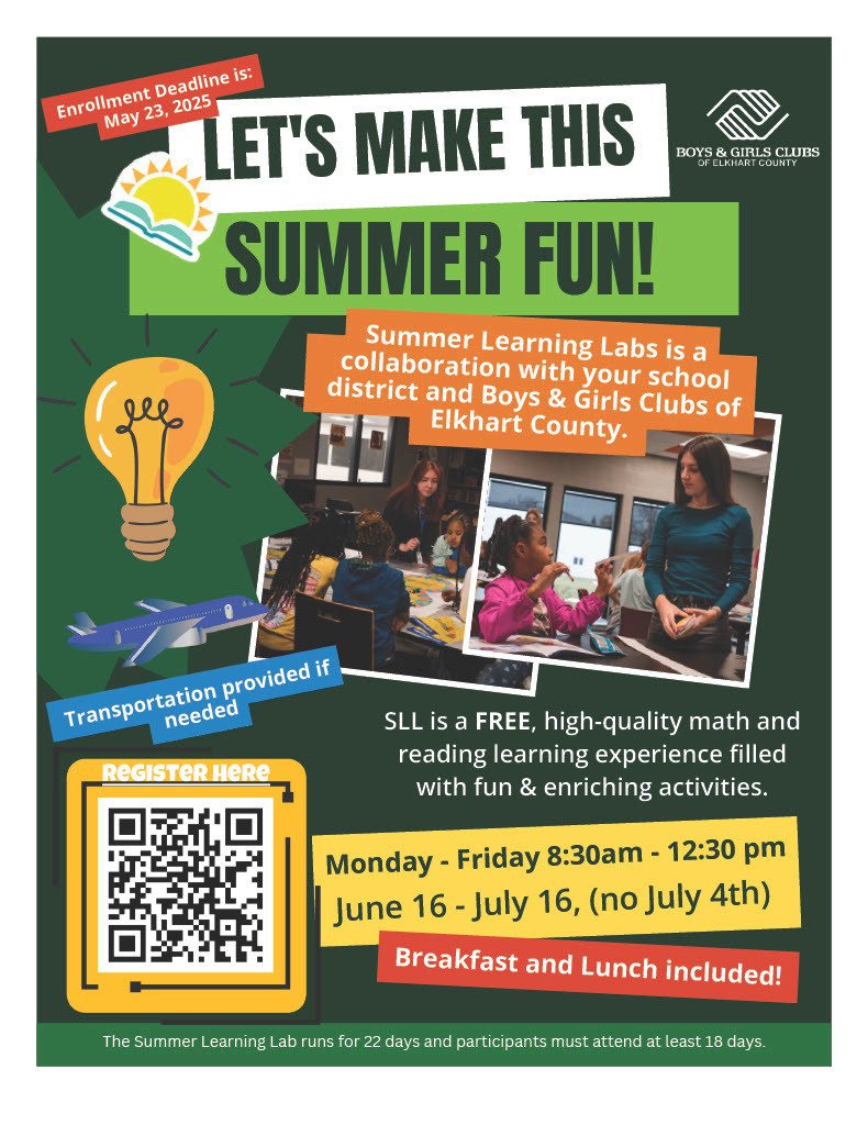 Concord_WS's tweet image. Reminder!
The Boys &amp;amp; Girls Clubs of Elkhart County is offering FREE Summer Learning Labs for current 4th–8th graders!
Deadline to register: May 23, 2025
Don’t miss this opportunity to keep kids learning and growing this summer!
Click here to register: tinyurl.com/49kb65uk
