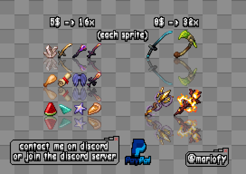 >> COMMISSIONS OPEN <<
Hello, I'm in need of money saving for a new pc.
Discord: mariofy

Pricing:
[16x] - 5$ for 1 sprite, 15$ for 4 sprites.
[32x] - 8$ for 1 sprite, 20$ for 4 sprites.

Bonus:
Skins - 5-20$/skin [Depending on the skin is]

I also do blocks

Thank you so much❤️.