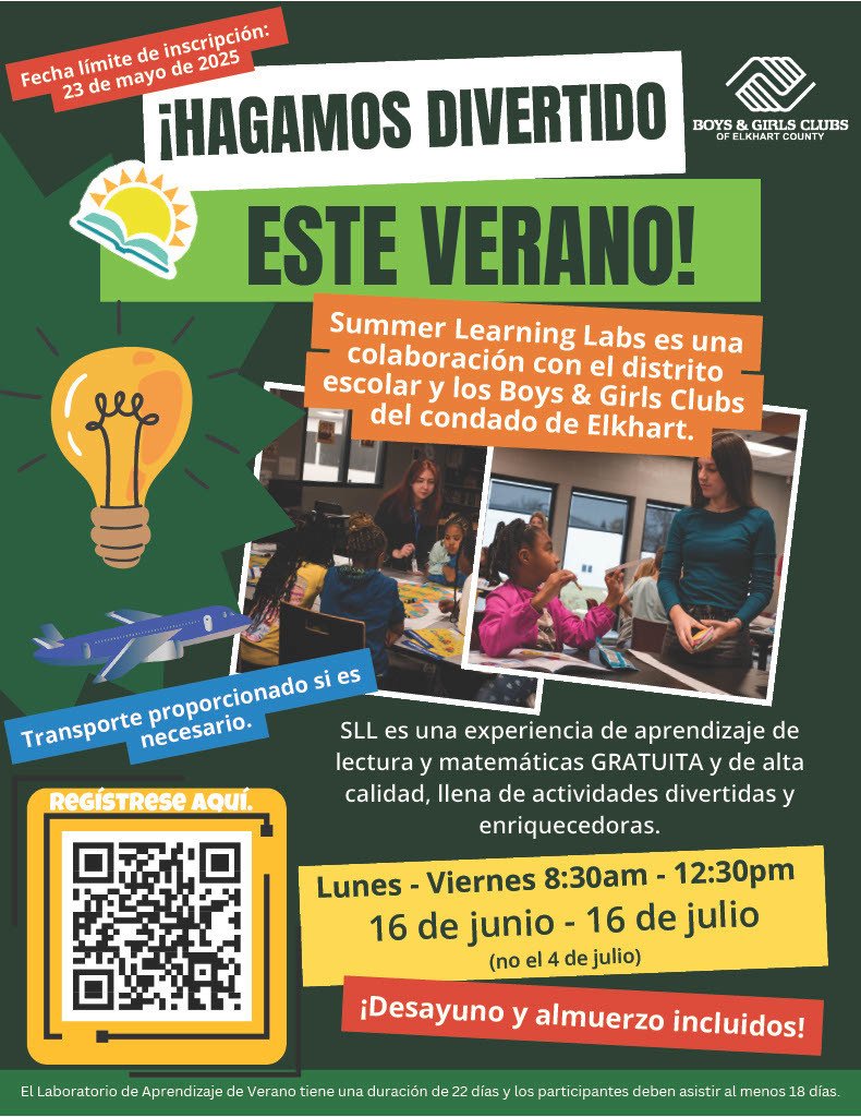 Reminder!
The Boys &amp; Girls Clubs of Elkhart County is offering FREE Summer Learning Labs for current 4th–8th graders!
Deadline to register: May 23, 2025
Don’t miss this opportunity to keep kids learning and growing this summer!
Click here to register: tinyurl.com/49kb65uk