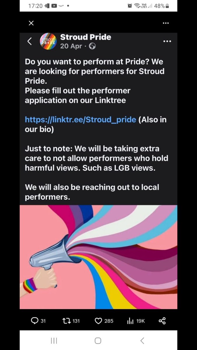 🤣🤣🤣 Stroud Pride have said it out loud. Lesbian, Gay &amp; Bisexual views banned from Pride!