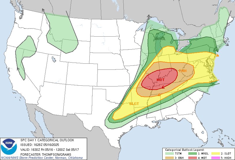 NWSSPC's tweet image. 11:30am CDT #SPC Day1 Outlook Moderate Risk: this afternoon/evening middle Mississippi and lower Ohio Valleys spc.noaa.gov/products/outlo…