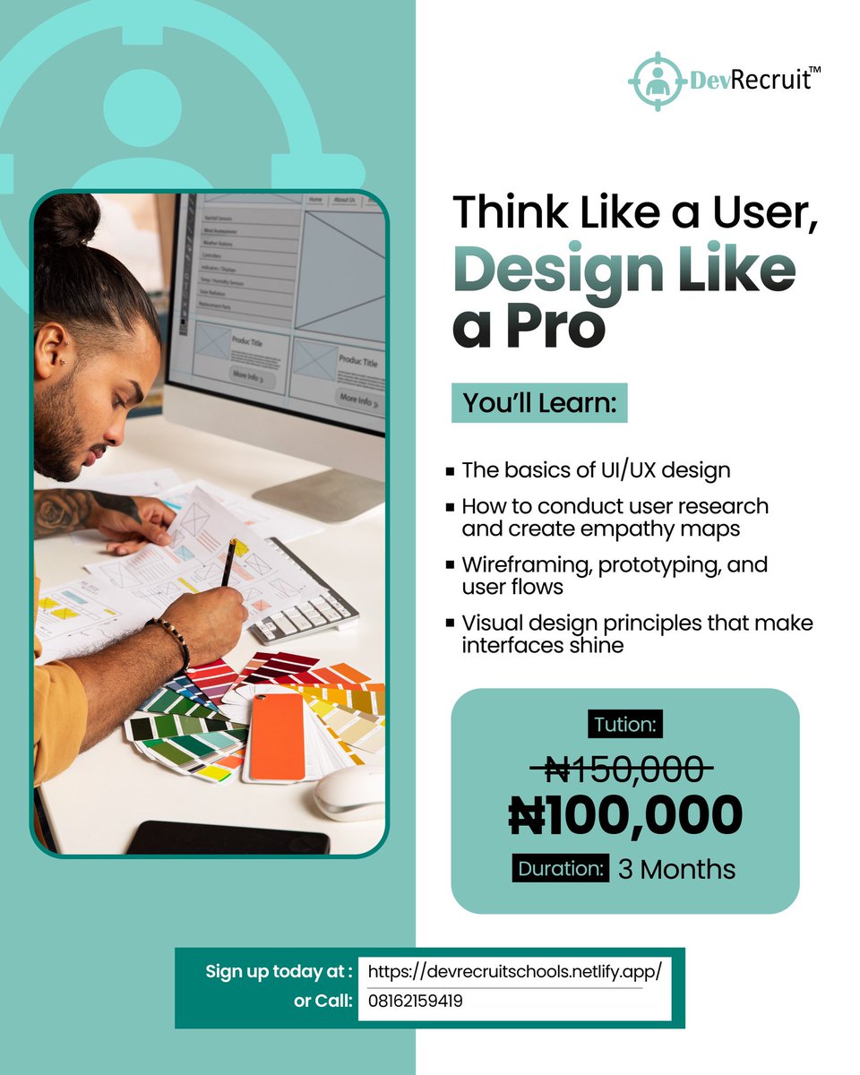 devrecruit_tech's tweet photo. Are you ready to think like a user and design like a pro?

Enrollment for DevRecruit’s Product Design (UI/UX) course is NOW OPEN! 

✅ Learn the basics of UI/UX
✅ Get mentored by industry experts
✅ Build a portfolio with real-world projects

🔗: https://t.co/iuBTCDMdv9 https://t.co/bjkGX6fWr7