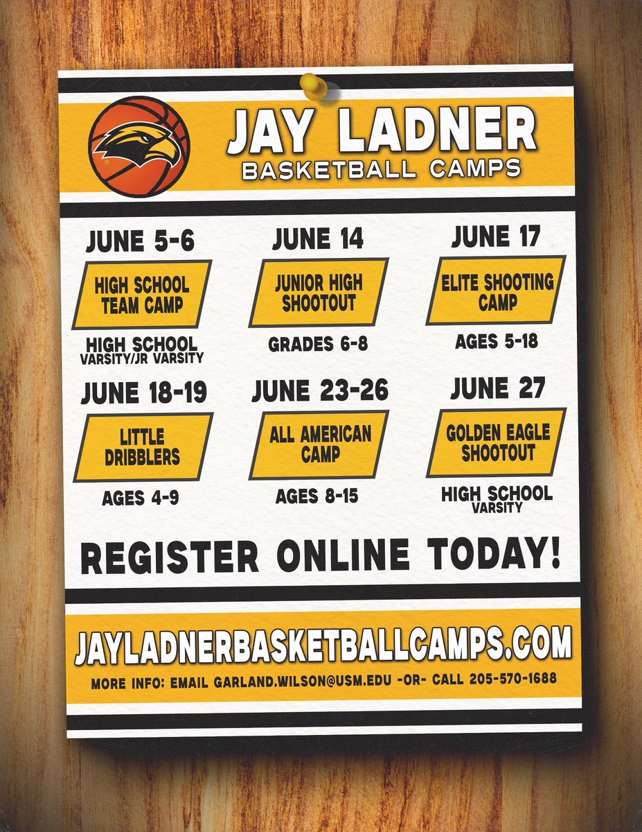 Jeremy Tekulve ™ (@jeremy_tekulve) on Twitter photo Open spots for the <a href="/SouthernMissMBB/">Southern Miss MBB</a> <a href="/CoachLadner/">Coach Ladner</a> Little Dribblers, Elite Shooting, and All-American summer basketball camps are filling up quickly!
Register online today!!jayladnerbasketballcamps.com
#SMTTT 🟡🦅🏀 Open spots for the <a href="/SouthernMissMBB/">Southern Miss MBB</a> <a href="/CoachLadner/">Coach Ladner</a> Little Dribblers, Elite Shooting, and All-American summer basketball camps are filling up quickly!
Register online today!!jayladnerbasketballcamps.com
#SMTTT 🟡🦅🏀