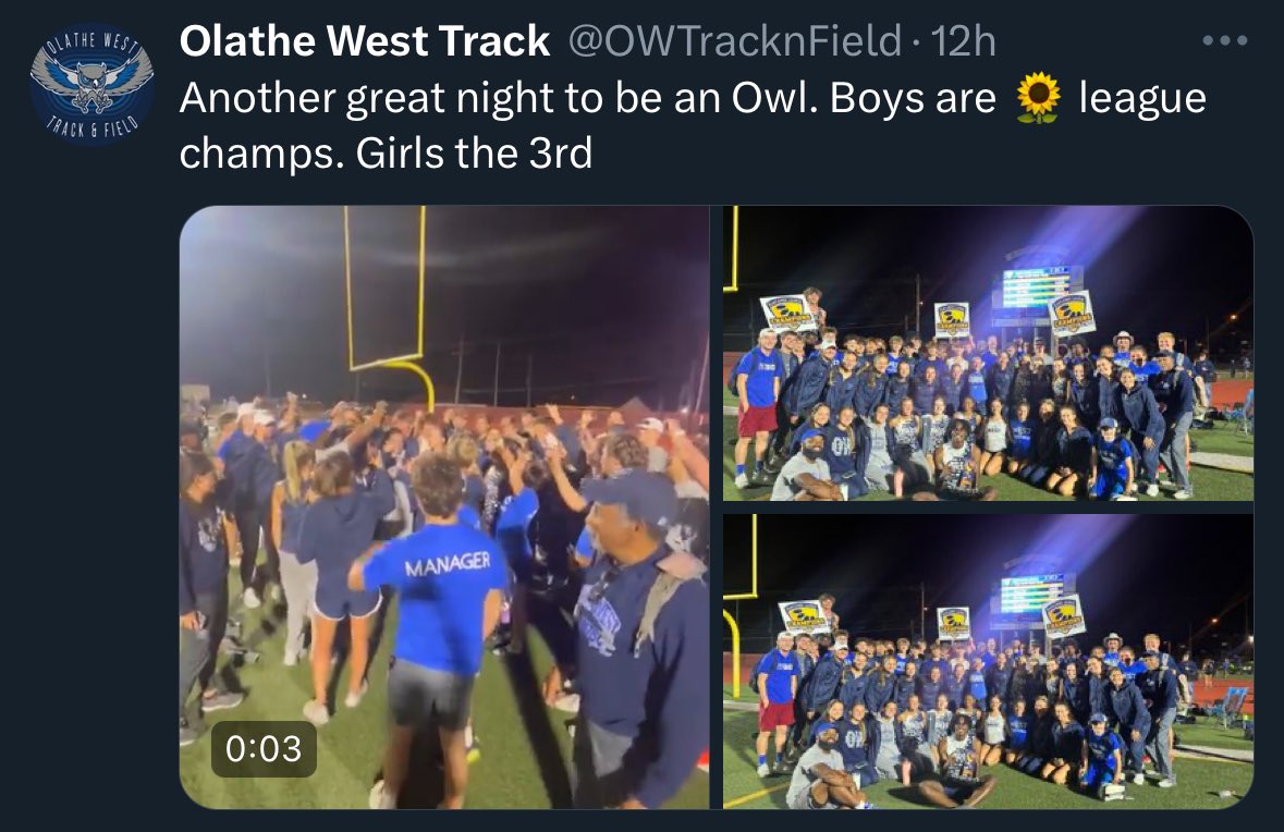 DukeBrown81076's tweet photo. Just letting yall know this one last time. Olathe west runs the sunflower leauge… @BarstoolOW 
Spring sports - 

golf: 1st
Boys track: 1st
Soccer: T-1st
Baseball T-1st
softball: T-1st
Girls track 3rd https://t.co/q5rQDexNPr