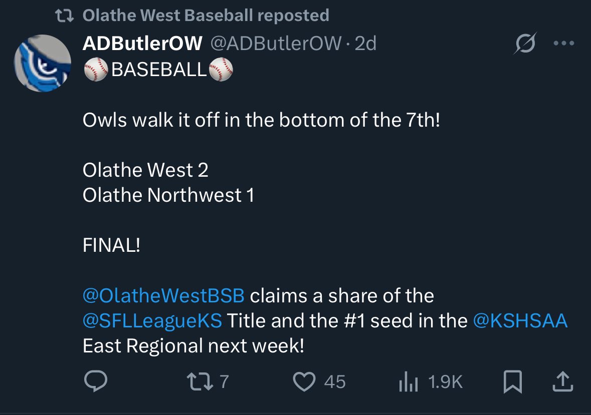 DukeBrown81076's tweet photo. Just letting yall know this one last time. Olathe west runs the sunflower leauge… @BarstoolOW 
Spring sports - 

golf: 1st
Boys track: 1st
Soccer: T-1st
Baseball T-1st
softball: T-1st
Girls track 3rd https://t.co/q5rQDexNPr