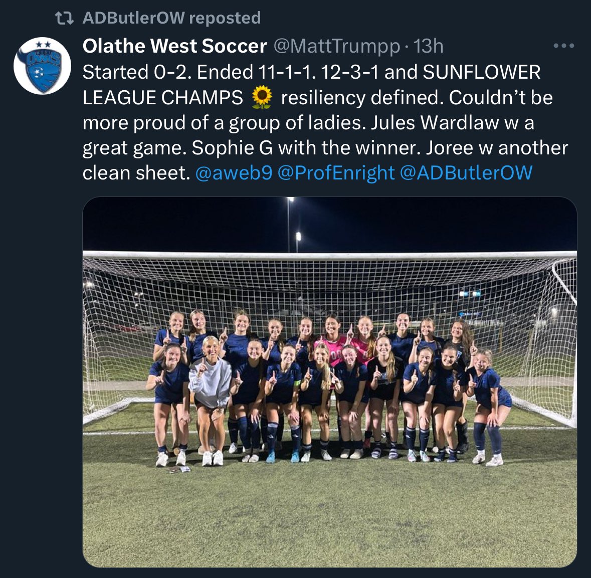 DukeBrown81076's tweet photo. Just letting yall know this one last time. Olathe west runs the sunflower leauge… @BarstoolOW 
Spring sports - 

golf: 1st
Boys track: 1st
Soccer: T-1st
Baseball T-1st
softball: T-1st
Girls track 3rd https://t.co/q5rQDexNPr