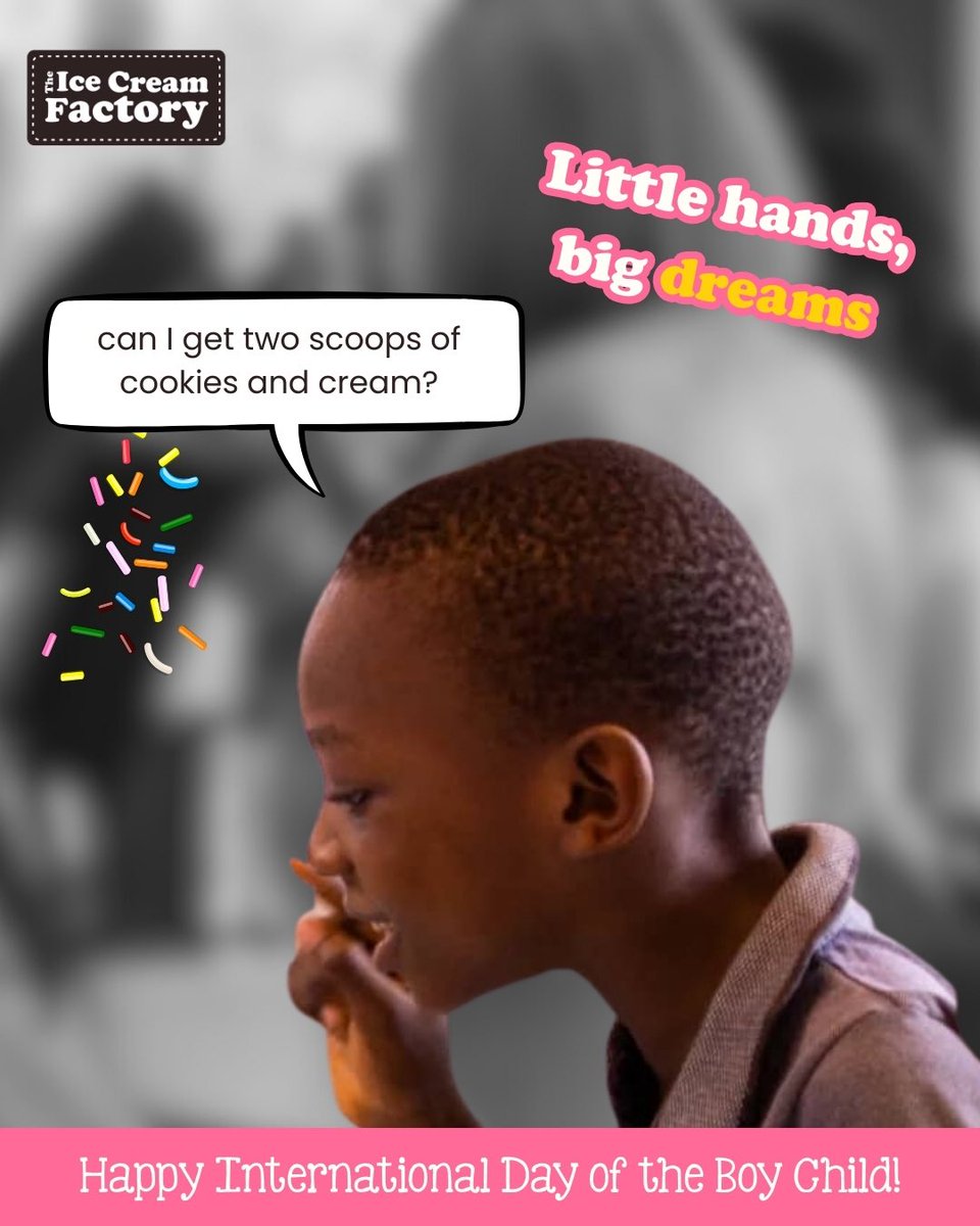 the_icfNG's tweet photo. Happy International Day of the Boy Child 💗

To all the little kings out there, we celebrate you

You deserve love, laughter, and the freedom to dream as big as the sky!

#theicecreamfactory #icecreaminlagos  #icecreamshopinlagos #happinessmadehere #InternationalDayOfTheBoyChild https://t.co/Dxx4pnA66O