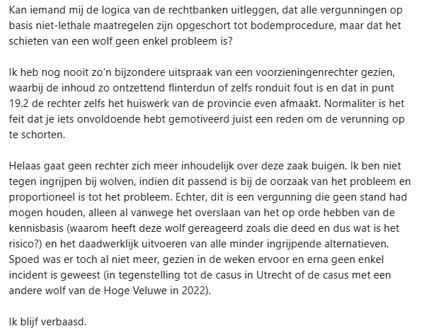 Mijn reactie op de uitspraak van de voorzieningenrechter dat een wolf op de Hoge Veluwe gedood mag worden.
rechtspraak.nl/Organisatie-en…