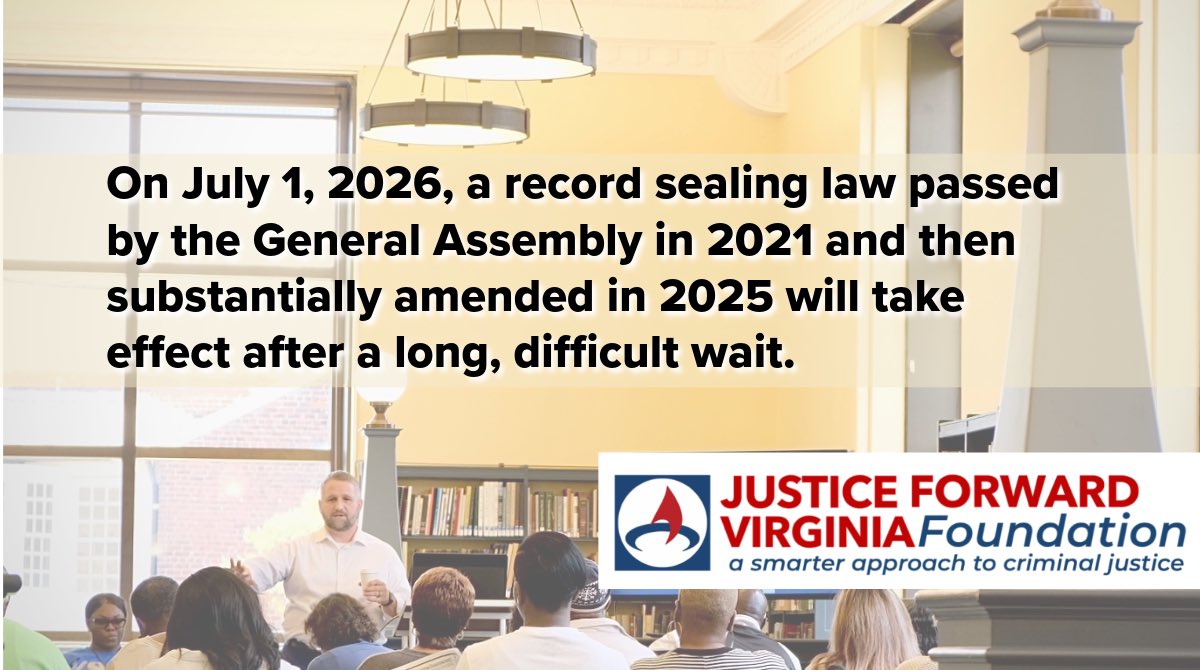 A VERY BIG DEAL: A criminal record sealing law will finally take effect in VA. 

Who is eligible? 

The Justice Forward Virginia Foundation has published a comprehensive guide to understanding expungement &amp; record sealing laws and to determine eligibility: justiceforwardvafoundation.org/expungementsea…