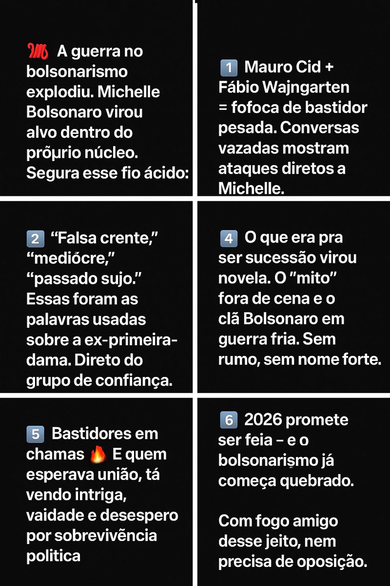 A fofoca é pesada: nas conversas vazadas, Mauro Cid e Wajngarten chamam Michelle Bolsonaro de “falsa crente”, “medíocre” e com “passado sujo”. E ainda dizem que, se ela for candidata no lugar do marido, será destruída fácil. O clima no núcleo duro tá puro veneno! 🐍🔥