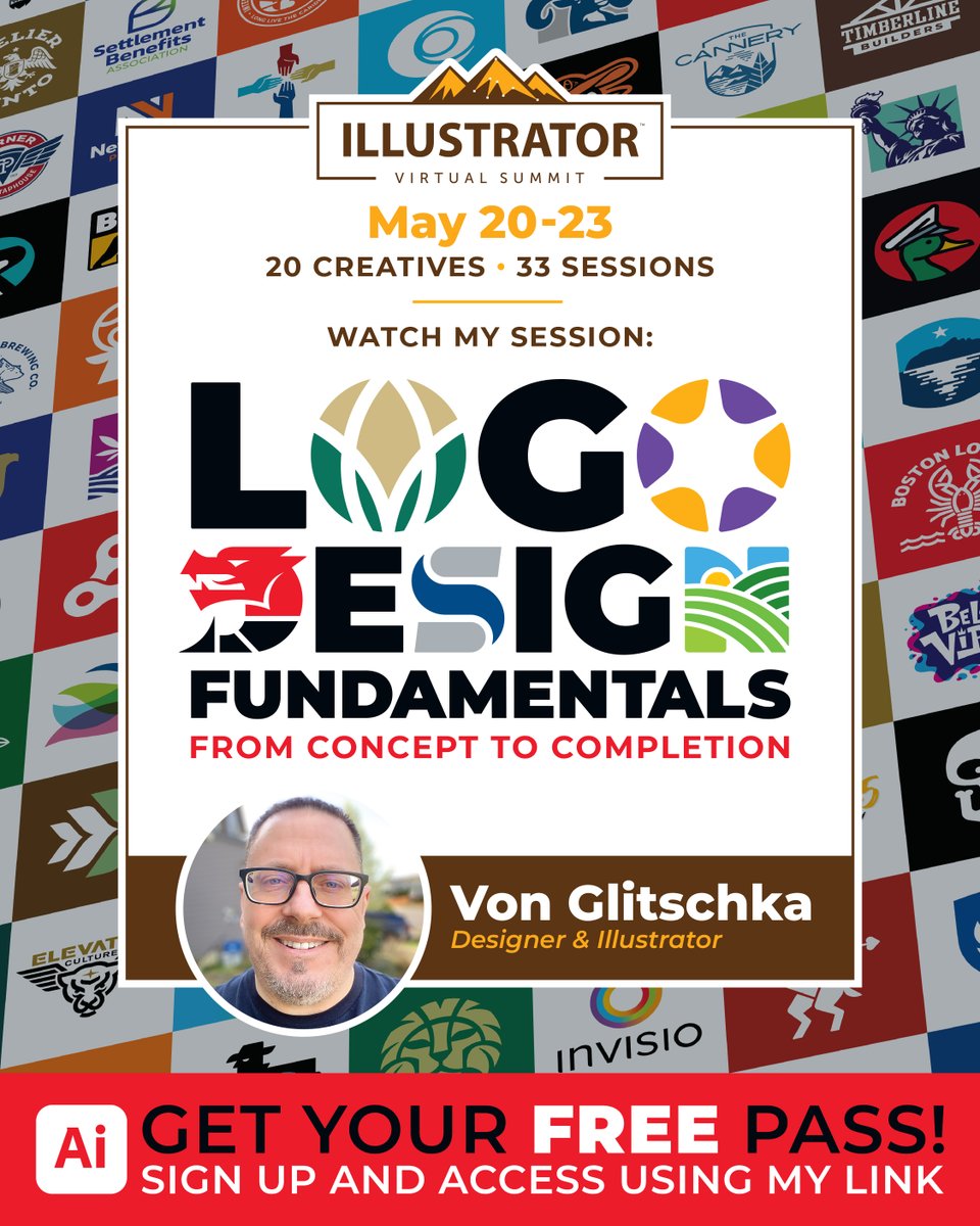It’s a no-brainer! Sign up for FREE and watch any session you want including my ‘Creating Iconic Vector Design’ or ‘Logo Design Fundamentals’ at the ‘Illustrator Virtual Summit’ next week. vglitschka.krtra.com/t/E3rndCWBsP9c