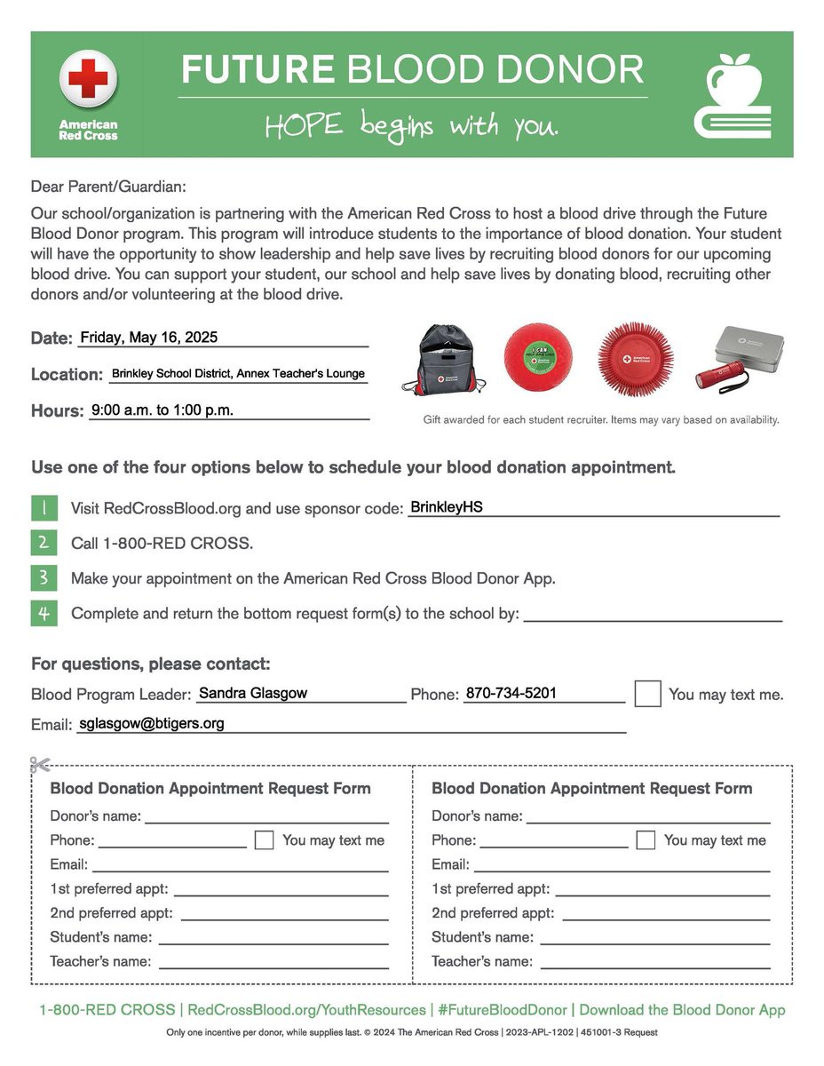 brinkleyschools's tweet photo. Part 2: See the office, Ms. Glasgow or Mrs. Clark-Hudson for the permission slips.
If you give blood between May 1 to 18, you can get a $20 e gift card to a merchant of your choice!
Help us spread the word! https://t.co/H570I0dlvV