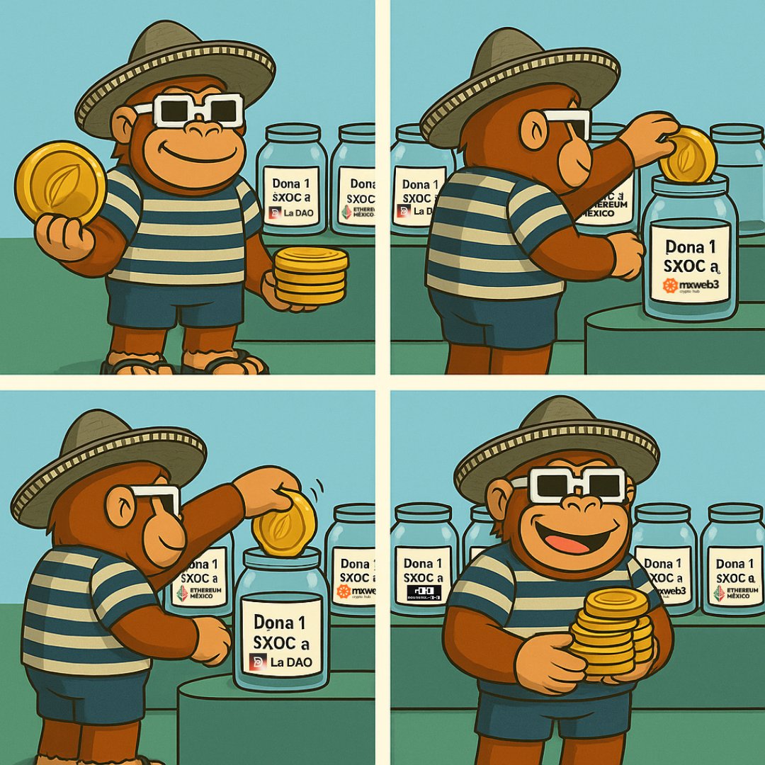 mexi (@meximalist) on Twitter photo ¡Mejoramos $XOC Altruist!
Dona $XOC a comunidades como <a href="/LaDAO_Club/">LaDAO del Xocolatl 🍫🌿</a> <a href="/ethereum_mexico/">Ethereum Mexico 🇲🇽</a> <a href="/mxweb3/">mxweb3</a> y <a href="/nounsmx/">nounsmx.⌐◨-◨</a>
Con un solo clic en Base L2.
Conecta tu wallet y apoya comunidades latinas chingonas con una experiencia de usuario muy sencilla.
MVP desarrollado para el hackathon de ¡Mejoramos $XOC Altruist!
Dona $XOC a comunidades como <a href="/LaDAO_Club/">LaDAO del Xocolatl 🍫🌿</a> <a href="/ethereum_mexico/">Ethereum Mexico 🇲🇽</a> <a href="/mxweb3/">mxweb3</a> y <a href="/nounsmx/">nounsmx.⌐◨-◨</a>
Con un solo clic en Base L2.
Conecta tu wallet y apoya comunidades latinas chingonas con una experiencia de usuario muy sencilla.
MVP desarrollado para el hackathon de