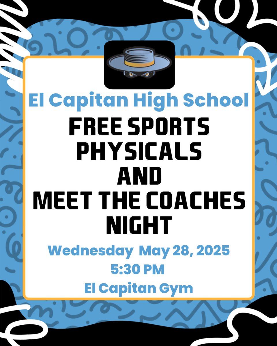 ECHS Athletics (@elcapathletics) on Twitter photo El Capitan High School free sports physicals and meet the coaches night, Wednesday May 28 5:30pm.
<a href="/ecgauchos/">El Capitan HS 🤠</a> @elcapbasketball @elcapgirlsbball @ecapbaseball @ecgauchosvb El Capitan High School free sports physicals and meet the coaches night, Wednesday May 28 5:30pm.
<a href="/ecgauchos/">El Capitan HS 🤠</a> @elcapbasketball @elcapgirlsbball @ecapbaseball @ecgauchosvb