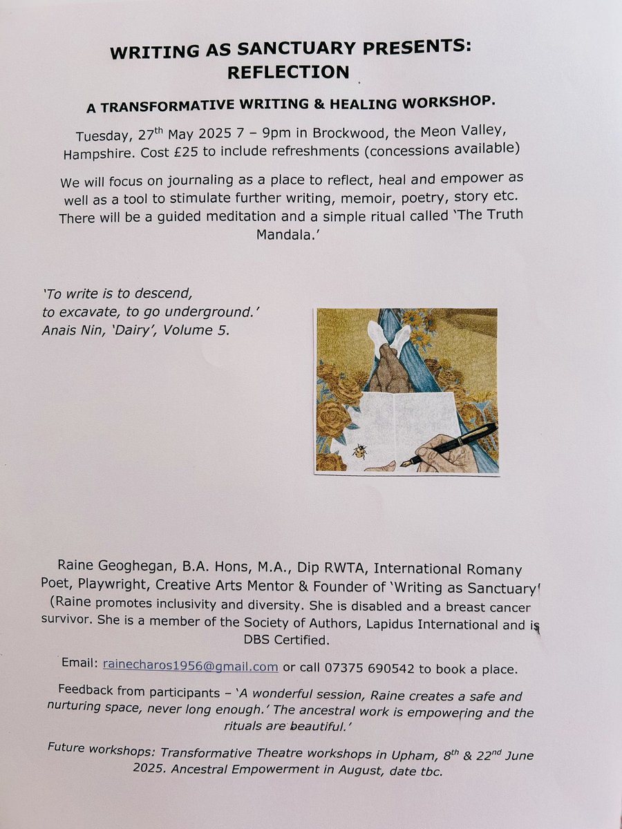 Raine Geoghegan, MA (@rainegeoghegan5) on Twitter photo WRITING AS SANCTUARY- A TRANSFORMATIVE WRITING AND HEALING WORKSHOP IN BROCKWOOD, HAMPSHIRE. All welcome., <a href="/WinPoetryFest/">Winchester Poetry</a> <a href="/GBClarkson/">Celandine</a> <a href="/GypsyTravellers/">Friends, Families & Travellers</a>
#WritingasSanctuary
#Healing
#WritingCommunity
#Ritual WRITING AS SANCTUARY- A TRANSFORMATIVE WRITING AND HEALING WORKSHOP IN BROCKWOOD, HAMPSHIRE. All welcome., <a href="/WinPoetryFest/">Winchester Poetry</a> <a href="/GBClarkson/">Celandine</a> <a href="/GypsyTravellers/">Friends, Families & Travellers</a>
#WritingasSanctuary
#Healing
#WritingCommunity
#Ritual
