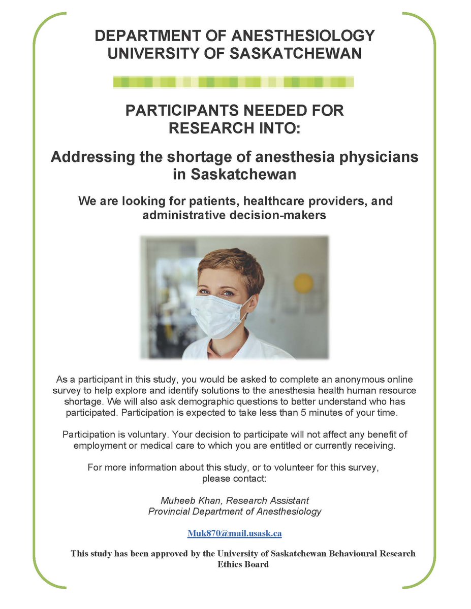 SCPOR (@scpor_sk) on Twitter photo Be part of health research! Participants are needed on this research addressing the shortage of anesthesia physicians in SK. Patients, healthcare providers and administrative decision-makers are needed for this study. Contact Muheeb Khan at muk870@mail.usask.ca for more info. Be part of health research! Participants are needed on this research addressing the shortage of anesthesia physicians in SK. Patients, healthcare providers and administrative decision-makers are needed for this study. Contact Muheeb Khan at muk870@mail.usask.ca for more info.