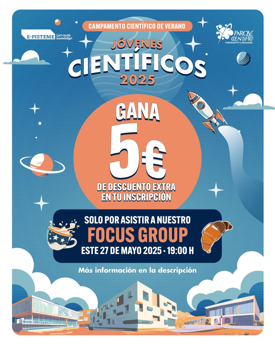 ☕ ¿Quieres 5 € de descuento extra en el campamento? 
Ven a nuestro Focus Group el 27 de mayo (19:00h) y comparte tus ideas sobre educación en la Sala UTalent (Parque Científico USAL). 
Solo por asistir, ¡te lo descontamos! 
Inscríbete y sabrás cómo 👉e-pisteme.com/es/jovenes-cie…