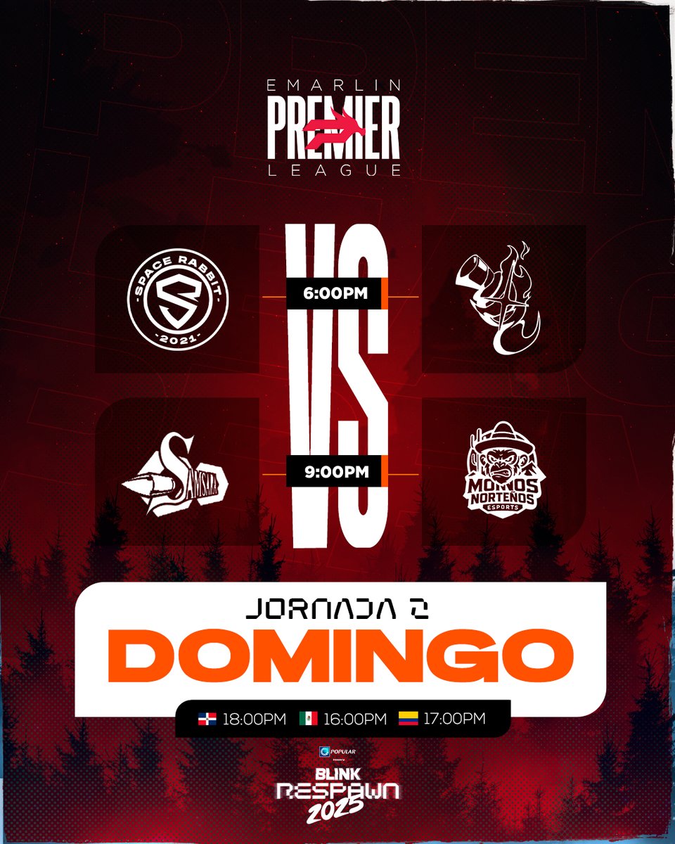 📅 SÁBADO – Jornada 2
🕕 6:00PM - Pilas Gaming 🐍 vs The Nice Team 🌀
🕘 9:00PM - Feral Rage 🐺 vs League of Frogs Esport 🐸

📅 DOMINGO – Jornada explosiva
🚀 Space Rabbit Esports 🐰 vs Phantom Thieves Esports 🕵️
🔥 Samsara 2025 🔮 vs Monos Norteños 🐒
