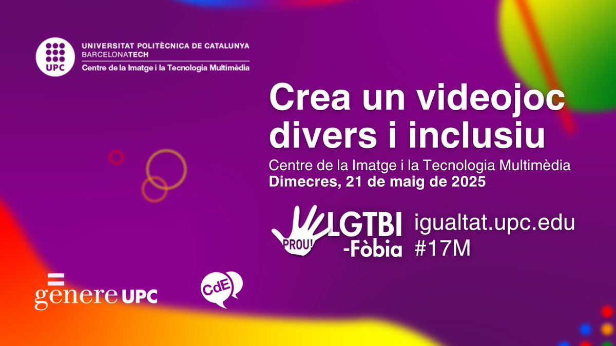 Este miércoles 21 de mayo, la <a href="/la_UPC/">Universitat Politècnica de Catalunya (UPC)</a> llevará a cabo un evento para celebrar el Día Contra la LGTBIfobia o #17M.

<a href="/euridicecm/">Eurídice Cabañes 🇵🇸🇨🇩</a> impartirá la charla "Cuerpos, código y avatares: videojuegos para salir de la norma", y dirigirá un taller de creación de videojuegos inclusivos 🧵