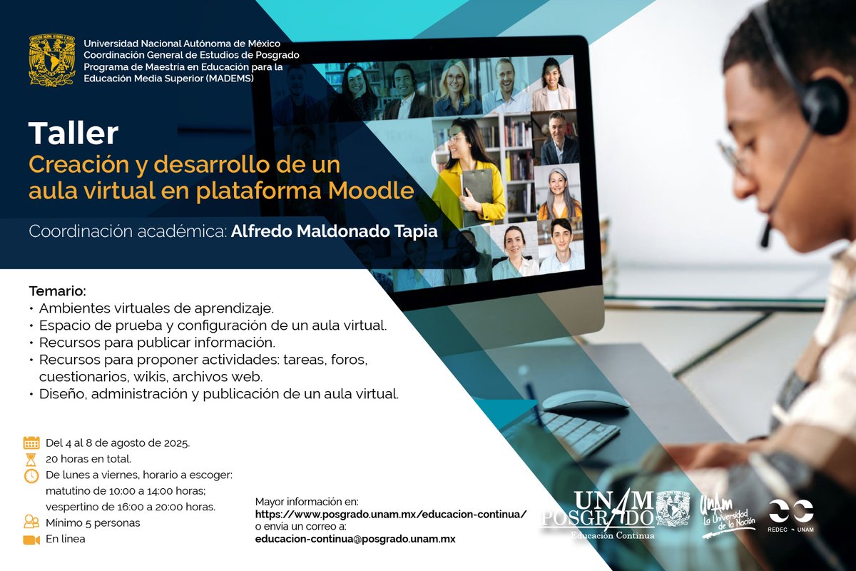 UNAMPosgrado's tweet image. ¡Transforma tu forma de enseñar!
Las aulas virtuales son tu puerta de entrada al mundo de la educación a distancia 💻🖥️📲
Registro en: educacion-continua@posgrado.unam.mx
#innovacióneducativa #moodle #DocentesDigitales
