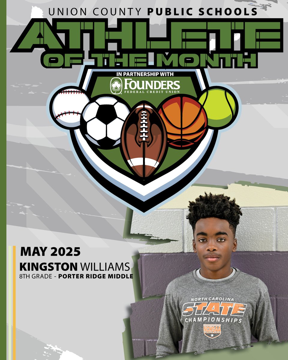 Union County Public Schools (@ucpsnc) on Twitter photo We are excited to announce Kingston Williams from <a href="/PorterRidgeMSNC/">Porter Ridge Middle</a> is the @FoundersFCU Middle School Student-Athlete of the Month! Founders Federal Credit Union is generously giving the PRMS Athletic Department $250 in honor of this award. <a href="/UCPSNCAthletics/">UCPS NC Athletics</a> <a href="/AGHoulihan/">Andrew G. Houlihan</a> We are excited to announce Kingston Williams from <a href="/PorterRidgeMSNC/">Porter Ridge Middle</a> is the @FoundersFCU Middle School Student-Athlete of the Month! Founders Federal Credit Union is generously giving the PRMS Athletic Department $250 in honor of this award. <a href="/UCPSNCAthletics/">UCPS NC Athletics</a> <a href="/AGHoulihan/">Andrew G. Houlihan</a>