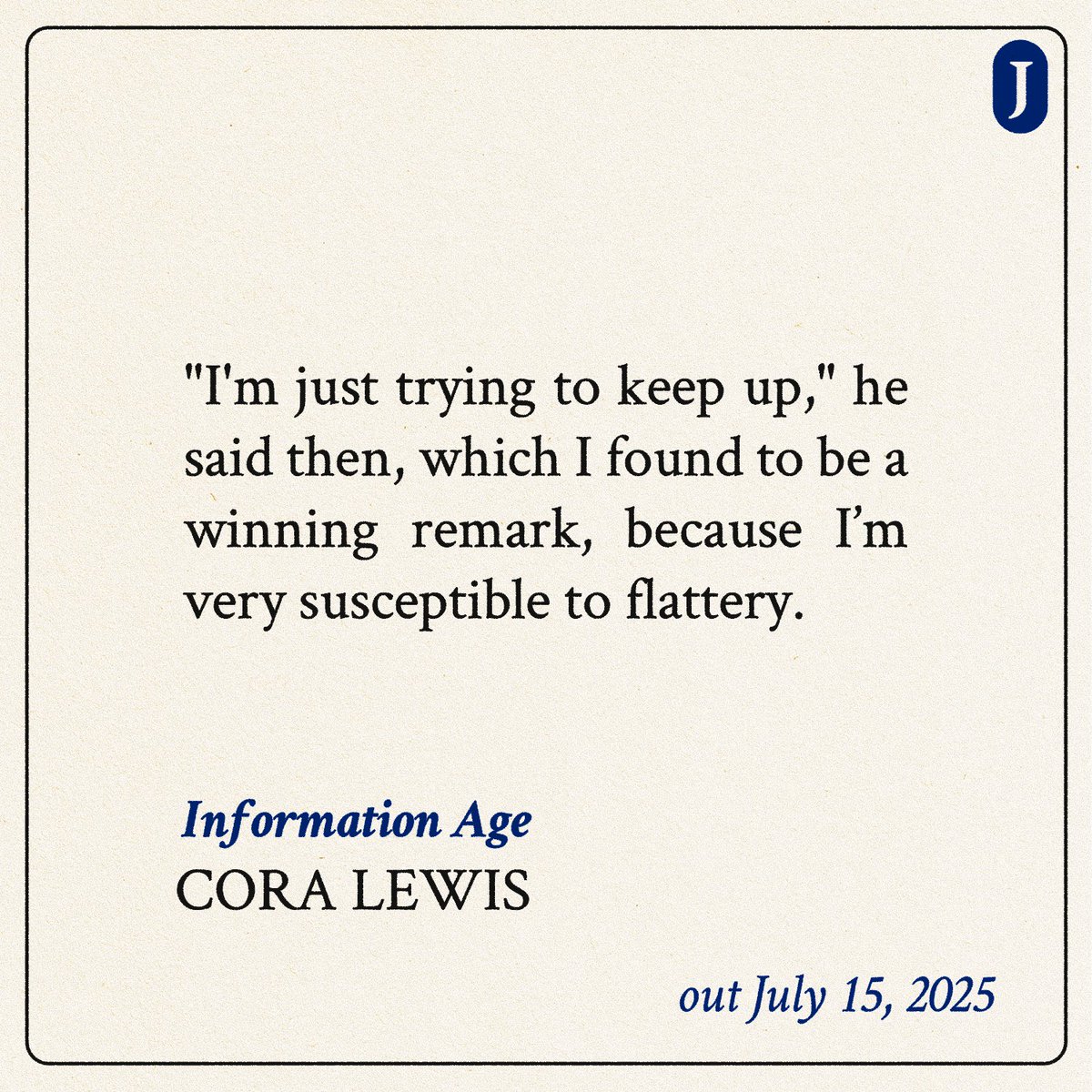 Joyland Publishing (@joylandpub) on Twitter photo Preorder INFORMATION AGE by Cora Lewis (<a href="/cora/">Cora Lewis</a>), a playful and perceptive novella, out 7.15.25 from Joyland Editions.
asterismbooks.com/product/inform… Preorder INFORMATION AGE by Cora Lewis (<a href="/cora/">Cora Lewis</a>), a playful and perceptive novella, out 7.15.25 from Joyland Editions.
asterismbooks.com/product/inform…