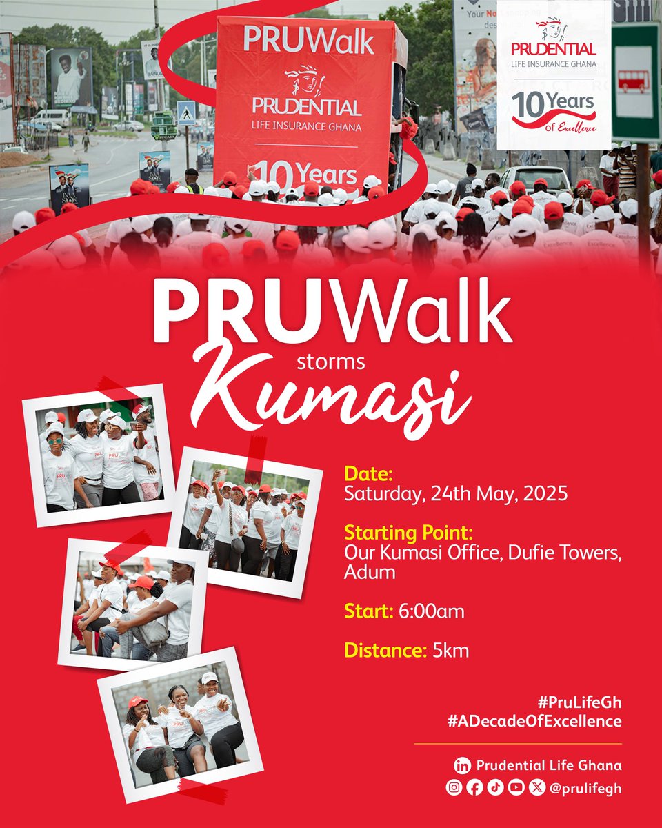 PruLifeGhana's tweet photo. GARDEN CITY! Are you ready? 🥳
Join our PRUWalk on 24th May 2025 at 6am, starting from our Kumasi Office (Dufie Towers - Adum)
We can’t wait to walk alongside you!
#PRUWalk
#PruLifeGh
#ADecadeOfExcellence
#EveryLifeEveryFuture https://t.co/aDr3w57P85