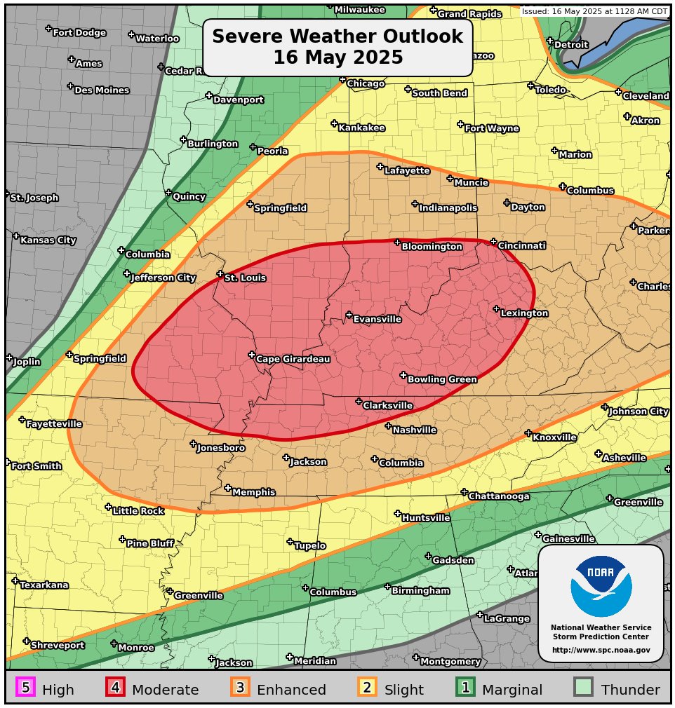 11:44am CDT #SPC Public Severe Weather Outlook #PWO concerning #arwx #ilwx #inwx #kywx #mowx #ohwx #tnwx spc.noaa.gov/products/outlo…