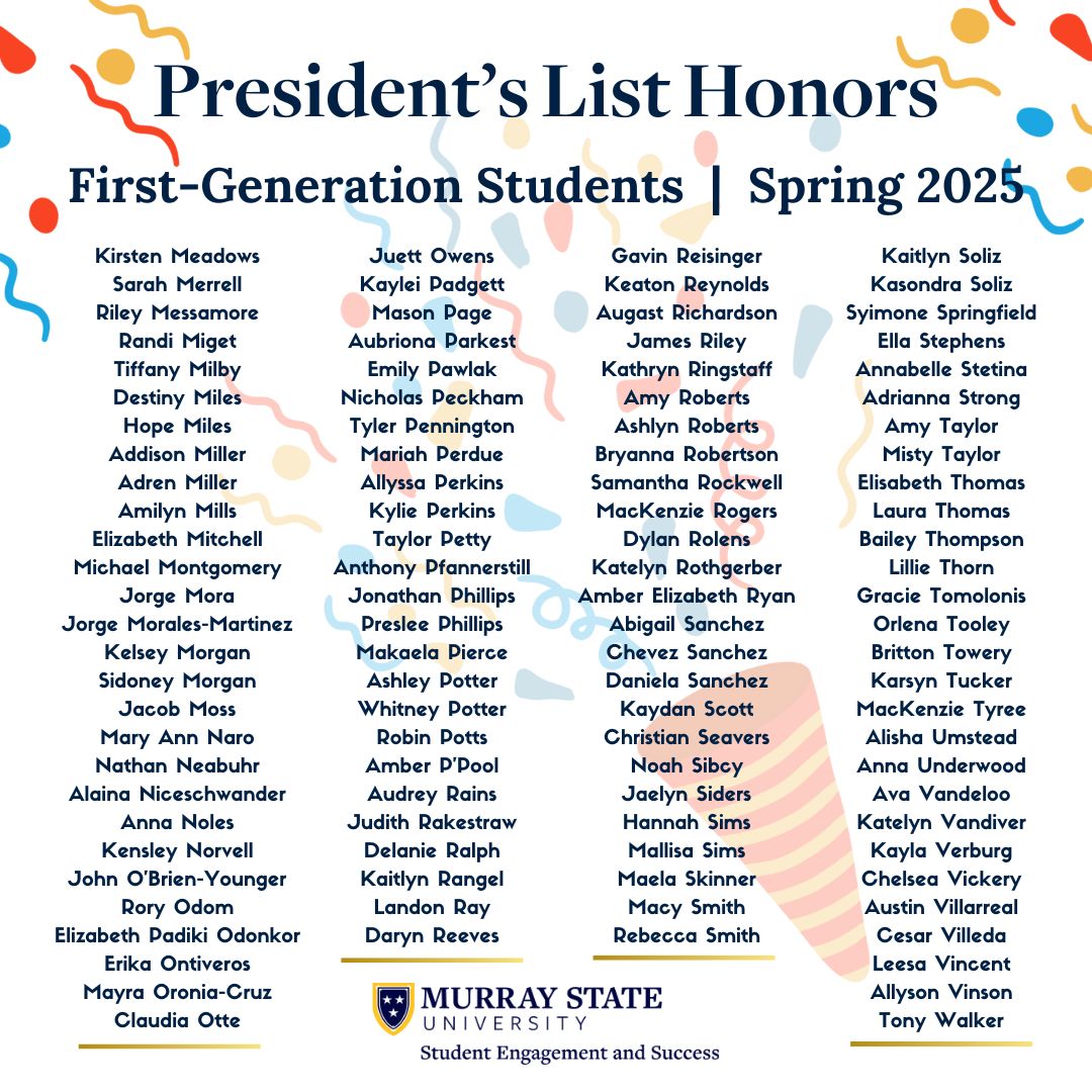 racersuccess's tweet image. Congratulations to all our First-Generation students who earned President's List honors this spring! #firstgen #FirstGenForward #murraystateuniversity @murraystateuniv
