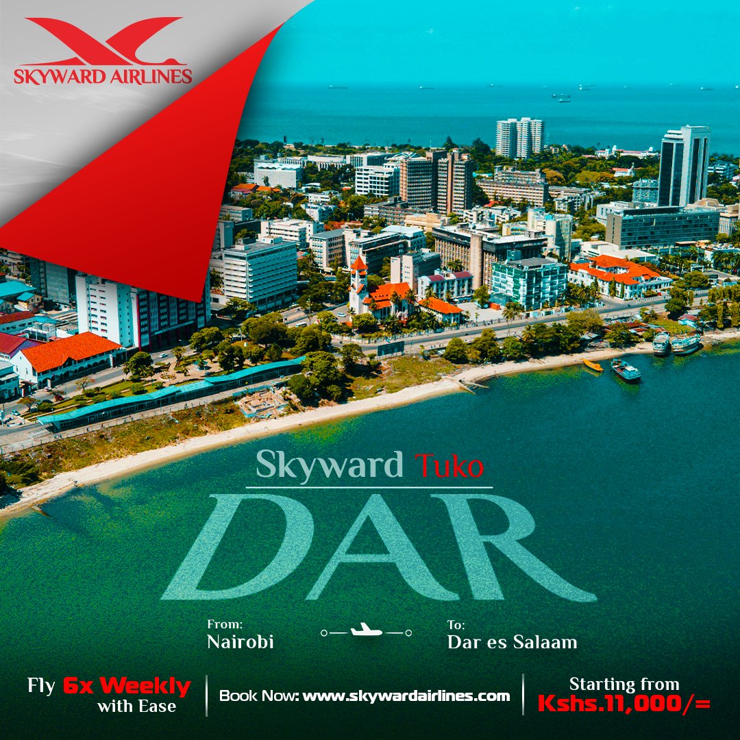 Skyward Tuko Dar! 
We’re flying to Dar es Salaam 6 times a week .  That’s 6 chances to swap your desk for sunshine and sandy beaches
Pack light, travel bright. Let’s go to Dar!
Fares from just Ksh 11,000.
Book Now! skywardairlines.co.ke

#SkywardAirlines #TukoDar #Beach #Dar